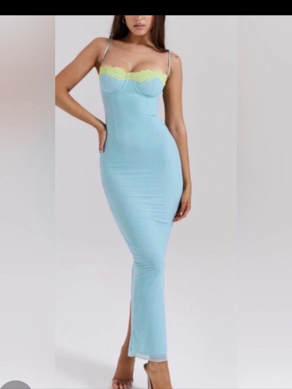 NWOT HOUSE OF CB Aiza Ocean Blue Contrast Lace Maxi Dress sz L - Picture 2 of 5